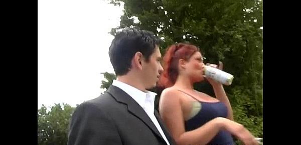  busty german redhead in outdoor threesome
